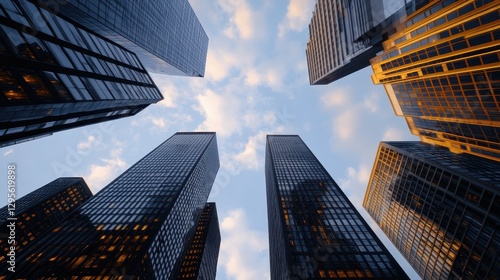 Wallpaper Mural Tall Modern Skyscrapers Reaching Towards Blue Sky with Wispy Clouds in Urban Environment Torontodigital.ca