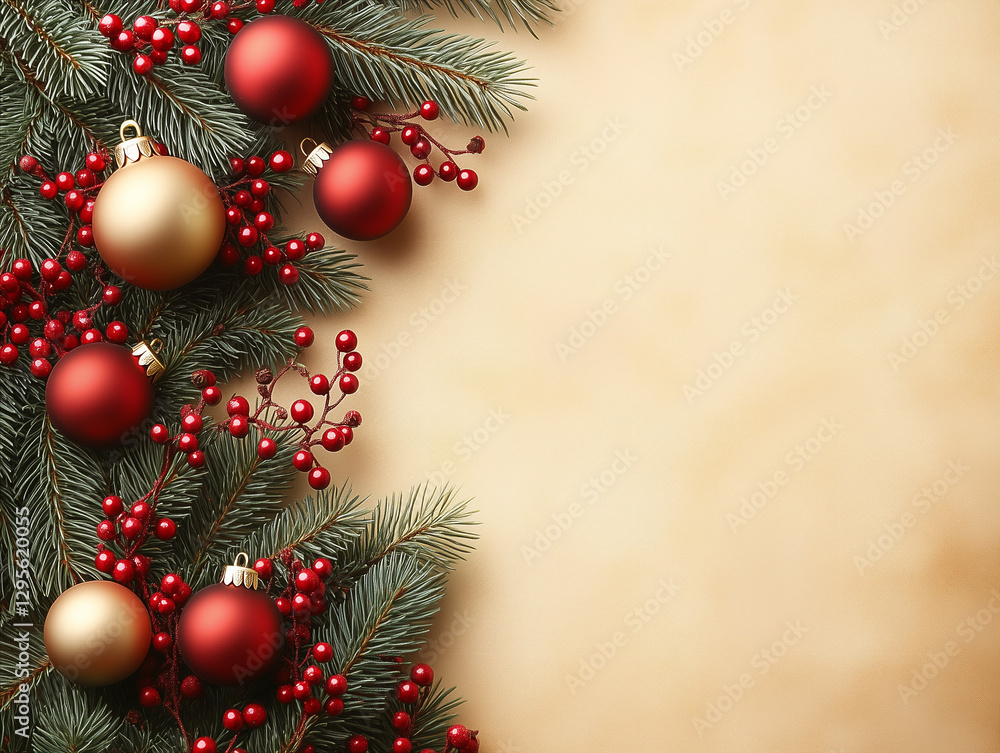 Elegant New Year background with fir branches and subtle decorations. Elegant New Year background with fir branches and subtle decorations.