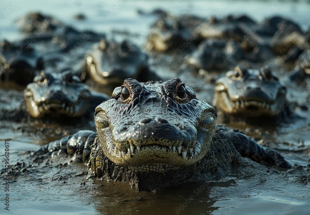 Fototapeta premium Close-up View of Multiple Crocodiles Swimming in Murky Water, Displaying Their Sharp Teeth and Intense Eyes in a Natural Habitat