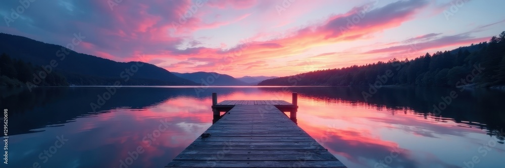 Fototapeta premium Calm Torch Lake waters reflect a tranquil dock extending into the distance , peaceful, Torch Lake, water
