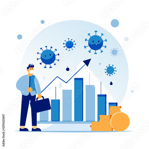 Businessman in protective face mask observes positive financial growth amidst pandemic.