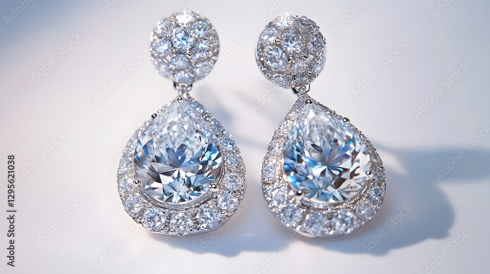 A luxurious pair of earrings with large diamond stones set in platinum, displayed on a white background A luxurious pair of earrings with large diamond stones set in platinum, displayed on a white background