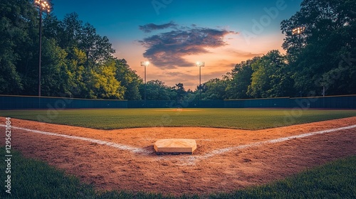 Home plate at sunset on a baseball field.