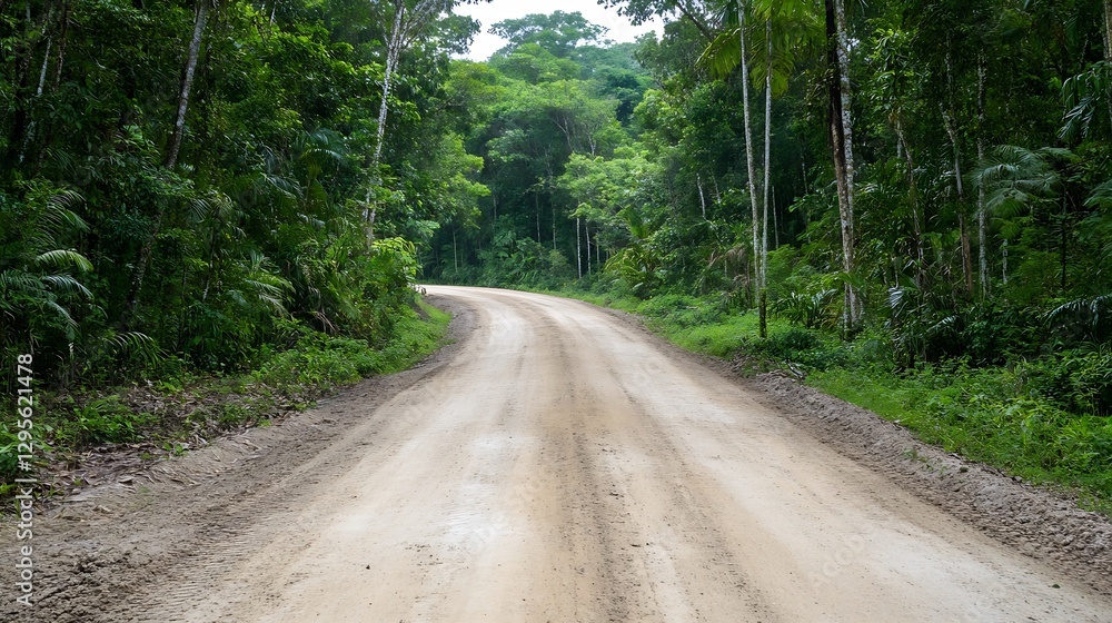 Fototapeta premium Dusty Dirt Road Leading Through Lush Green Rainforest Surrounded by Dense Vegetation : Generative AI