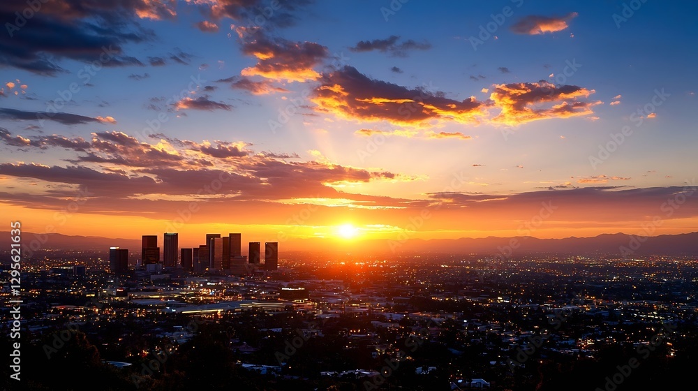 Stunning panoramic view of Los Angeles skyline at sunset with colorful sky and city lights : Generative AI Stunning panoramic view of Los Angeles skyline at sunset with colorful sky and city lights : Generative AI