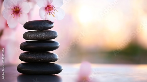 Elegant Black Stones and Cherry Blossom Close-Up for Natural Beauty and Relaxation : Generative AI