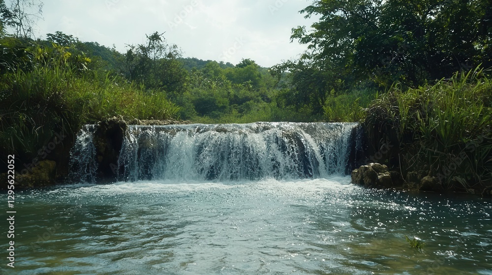 Serene Waterfall in Lush Green Forested Area Serene Waterfall in Lush Green Forested Area
