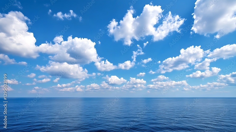 Fototapeta premium Expansive view of the ocean and a bright blue sky filled with fluffy white clouds : Generative AI