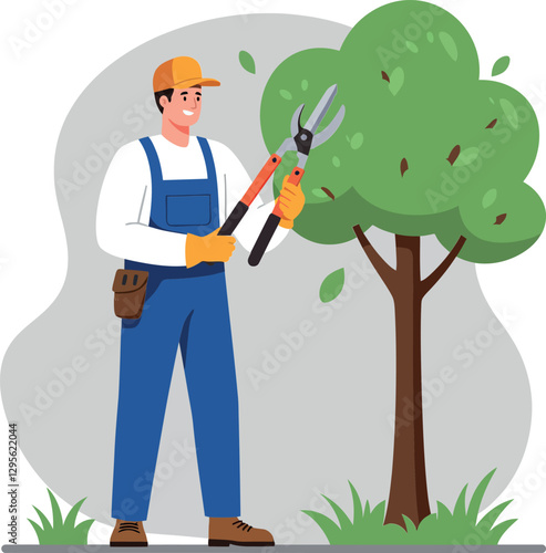 A cheerful gardener in blue overalls using pruning shears to trim a lush green tree in a minimal flat design vector illustration