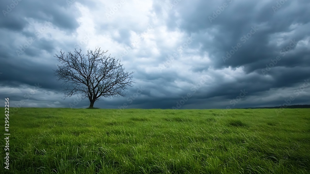 Lonely tree on green field under dramatic stormy sky with dark clouds : Generative AI