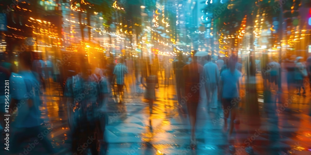 Obraz premium Crowded city street with people walking through vibrant neon lights at night. Long exposure photography capturing motion blur. Urban nightlife and city exploration concept. Lifestyle concept. AIG55.