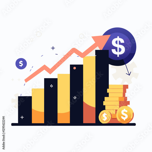 Financial growth chart with rising trend and stacks of coins. Visual representation of increasing profitability with a positive upward trend displayed for a business presentation or stock image use.