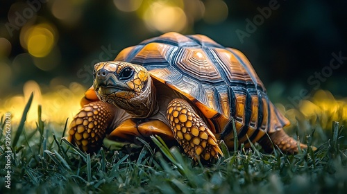 A tortoise is sitting in the grass on a sunny day