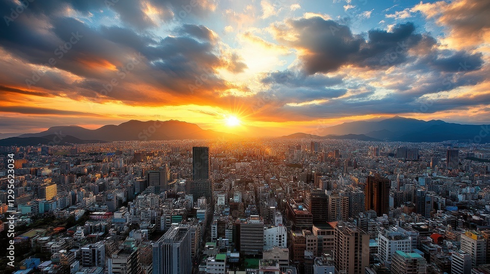 Obraz premium Breathtaking Sunset Over an Urban Cityscape with Vibrant Clouds and Mountain Background