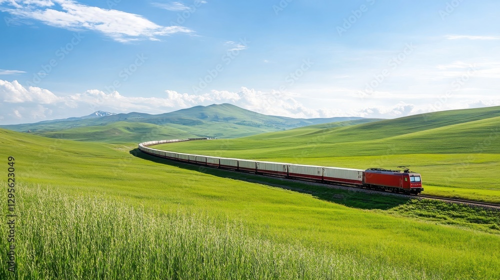 Beautiful Scenic View of a Red Train Traveling Through Lush Green Fields Under a Bright Blue Sky Beautiful Scenic View of a Red Train Traveling Through Lush Green Fields Under a Bright Blue Sky