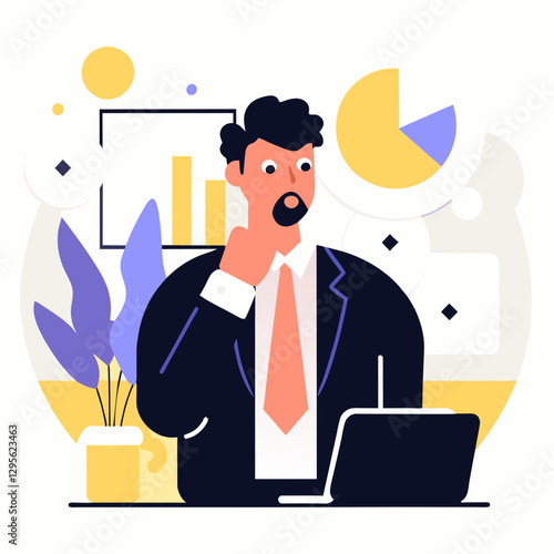 Adult male executive in business attire considering a presentation in an office setting. Thoughtful pose with laptop and graph. Professional businessman in modern office -
