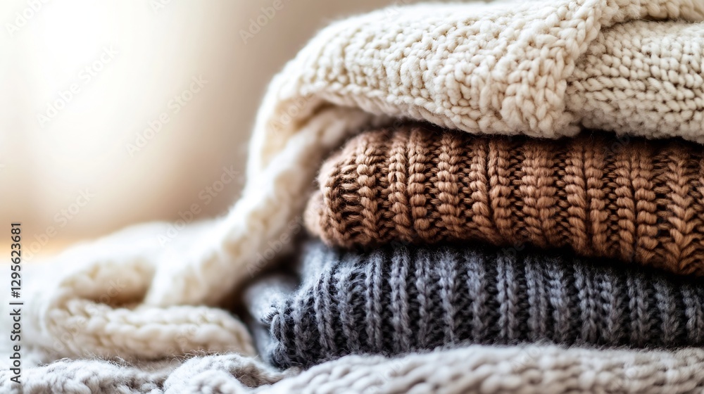 Neatly Stacked Knitted Sweaters in Soft Earthy Tones on a Cozy Background : Generative AI Neatly Stacked Knitted Sweaters in Soft Earthy Tones on a Cozy Background : Generative AI