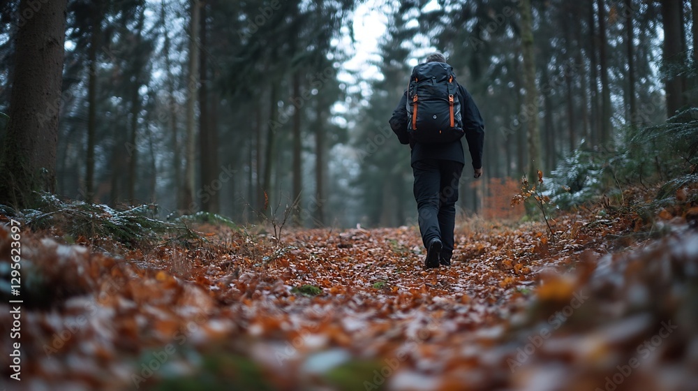 Hiker walking through a beautiful autumn forest trail with fallen leaves and lush greenery : Generative AI Hiker walking through a beautiful autumn forest trail with fallen leaves and lush greenery : Generative AI