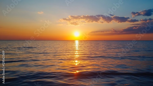 Stunning sunset over tranquil waters with colorful reflections and cloud formations : Generative AI