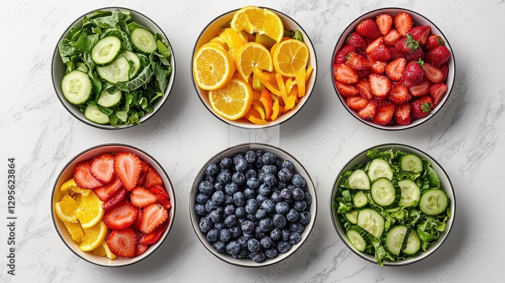 Fresh Colorful Fruits and Vegetables in Bowls on Marble Background Fresh Colorful Fruits and Vegetables in Bowls on Marble Background
