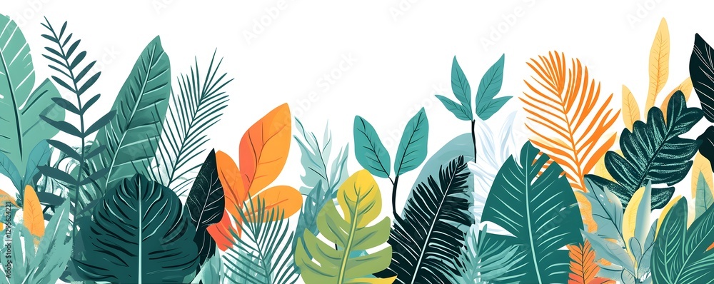Fototapeta premium Colorful tropical foliage creates a vibrant and lively border