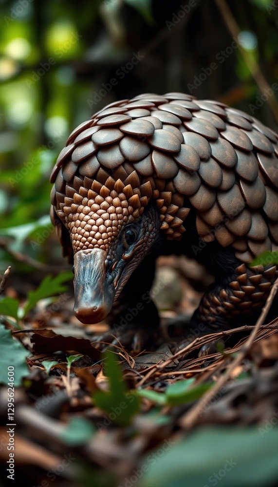 pangolin in a dense jungle, pausing as it hears an approaching threat pangolin in a dense jungle, pausing as it hears an approaching threat