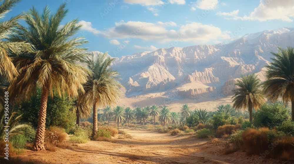 Oasis Pathway Palm Trees Desert Mountains and Sunlit Sands Oasis Pathway Palm Trees Desert Mountains and Sunlit Sands