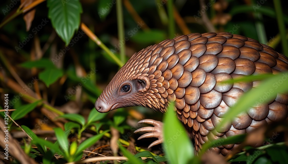 Fototapeta premium pangolin in a dense jungle, pausing as it hears an approaching threat