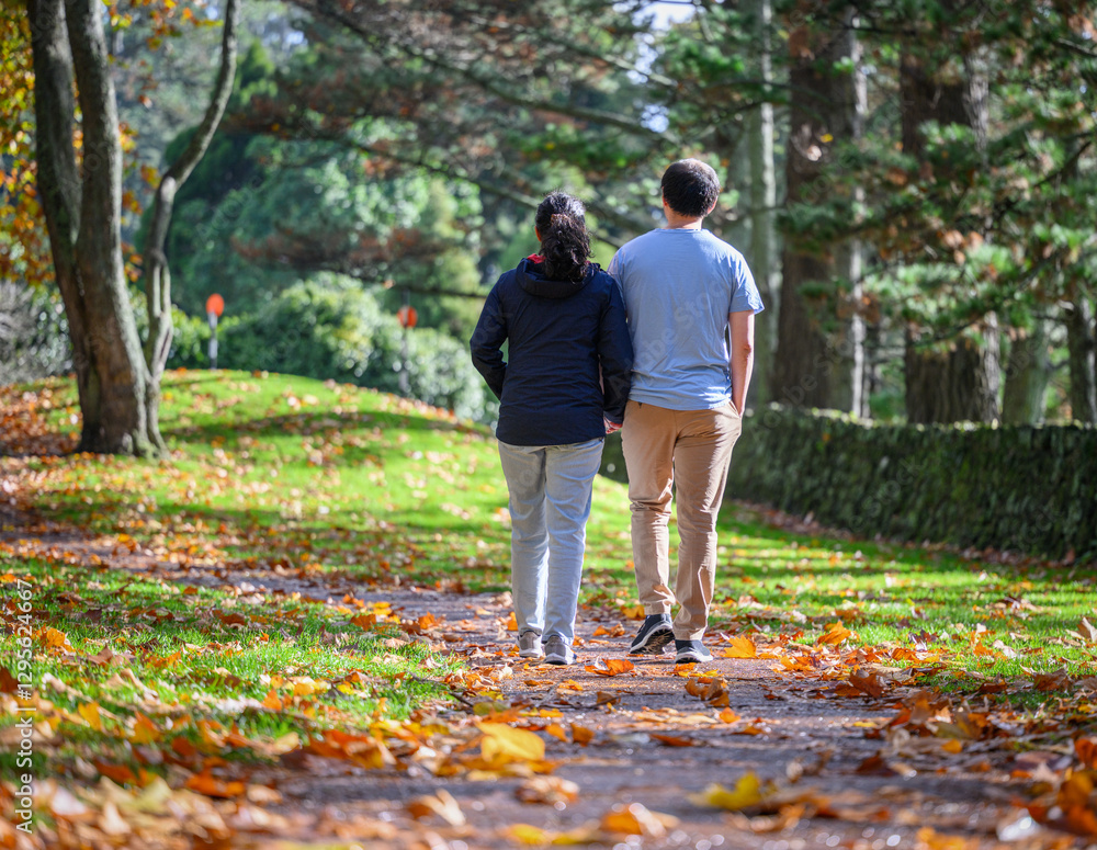 Couple holding hands and walking among golden autumn trees. Auckland.