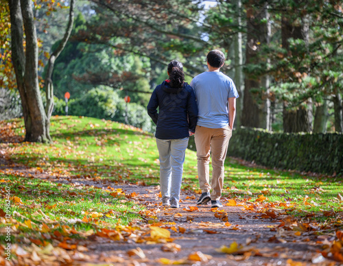 Obraz na płótnie Couple holding hands and walking among golden autumn trees. Auckland. w salonie