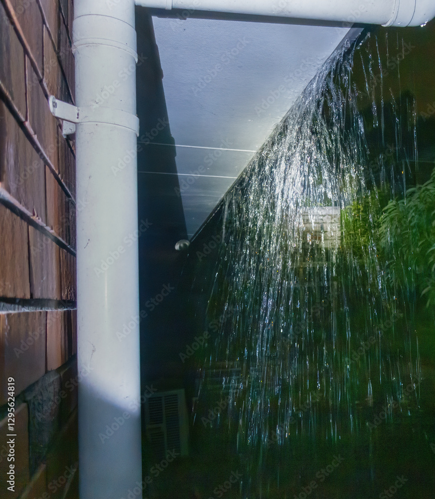 Gutter overflow during the heavy rain at night. Vertical format.