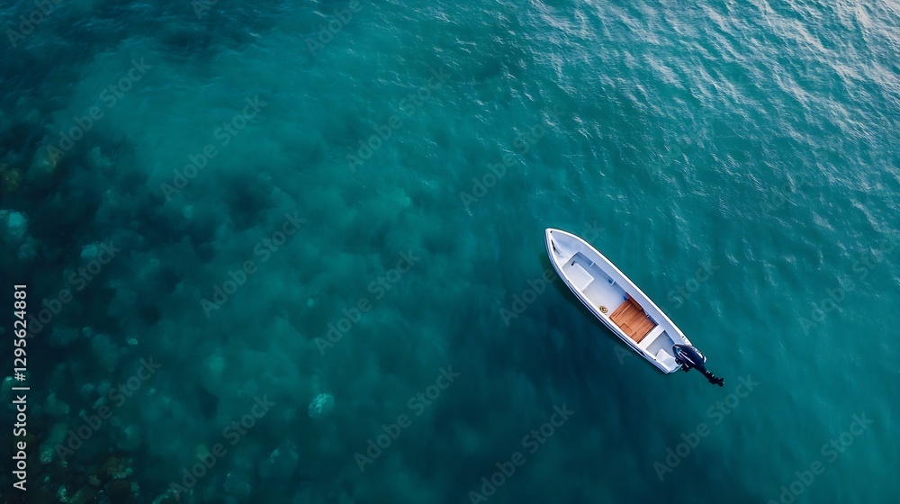 Fototapeta premium Aerial View of a Small Motorboat Floating on Clear Turquoise Waters : Generative AI