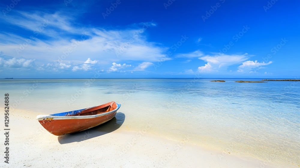 Serene beach scene featuring a rustic fishing boat nestled in soft golden sand with a crystal blue ocean backdrop : Generative AI Serene beach scene featuring a rustic fishing boat nestled in soft golden sand with a crystal blue ocean backdrop : Generative AI