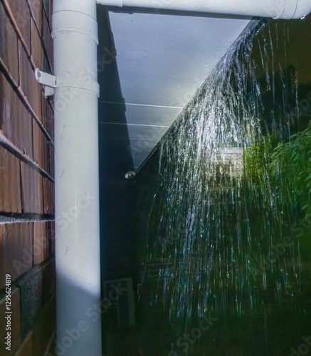 Gutter overflow during the heavy rain at night. Vertical format.