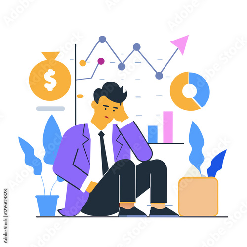 Depressed young businessman in a purple suit sitting on the floor in front of charts displaying declining sales figures. Frustrated male employee in a professional setting with office supplies.