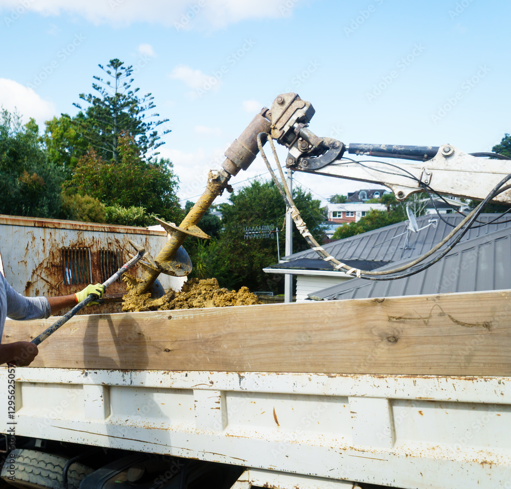 Digging machine loading excavated soil to the truck. Hands of a worker with spade to clean the digger.