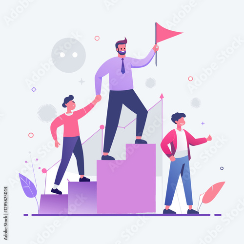 A team of young adults and a mentor are collaborating to ascend a stairway of success, highlighting teamwork and leadership in a modern office setting.
