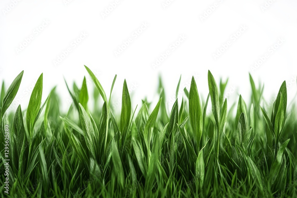 Obraz premium Close-up of green grass border with fresh green leaves, isolated on a white background, evoking a spring or summer nature concept.