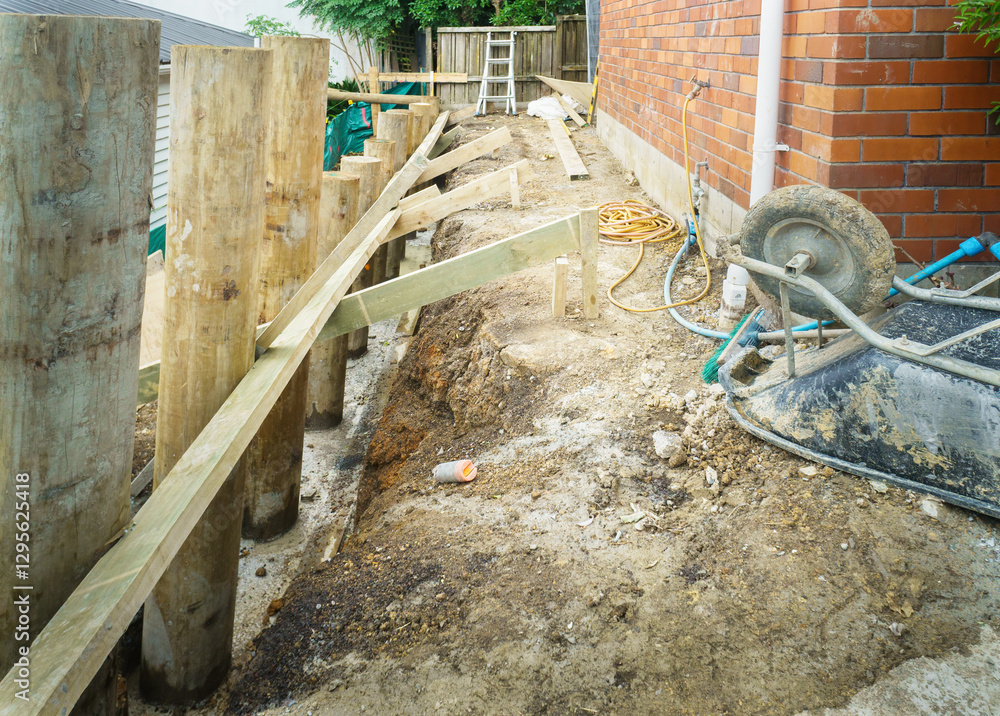 Retaining wall posts set in concrete. Construction site for retaining wall rebuild.
