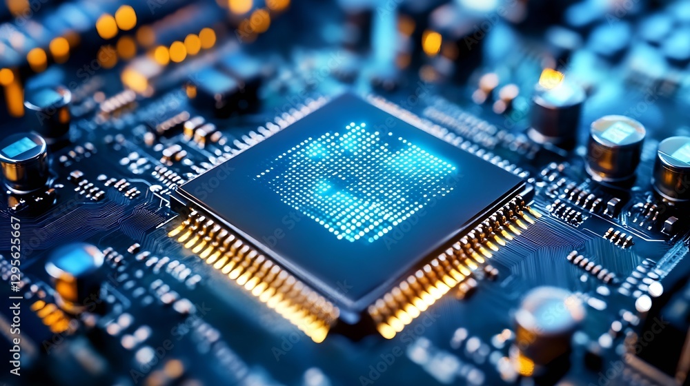 Close Up Image of a Computer Microchip with Blue LED Lights on Circuit Board : Generative AI Close Up Image of a Computer Microchip with Blue LED Lights on Circuit Board : Generative AI