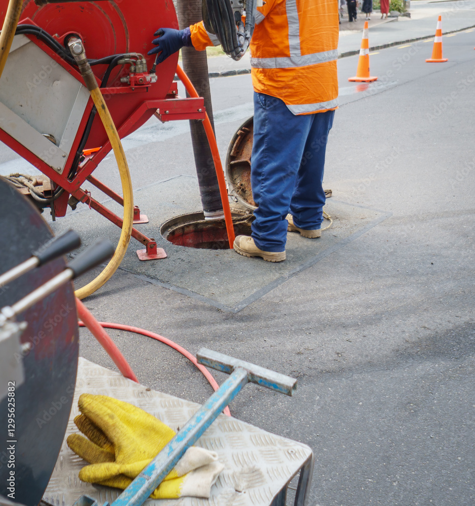 Worker unblocking sewers through a manhole on street. Auckland.