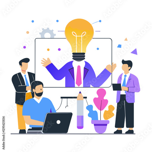 Business team in modern office setting participates in a virtual presentation with a lightbulb head. Diverse professionals in casual attire engage in a collaborative meeting.