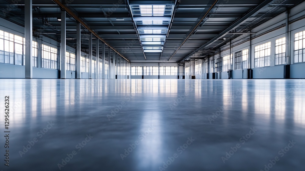 Fototapeta premium Spacious empty warehouse with vast concrete floor and large windows for natural light : Generative AI