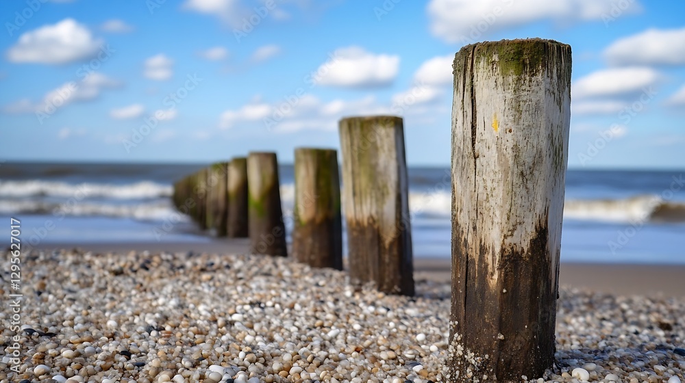 Weathered wooden posts along a beach with calm waters and blue sky : Generative AI Weathered wooden posts along a beach with calm waters and blue sky : Generative AI