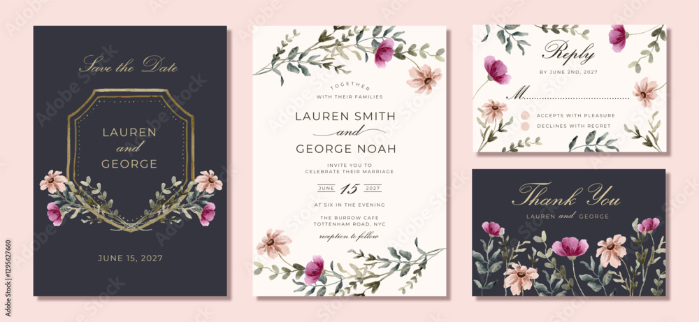 Fototapeta premium wedding invitation set with floral garden watercolor
