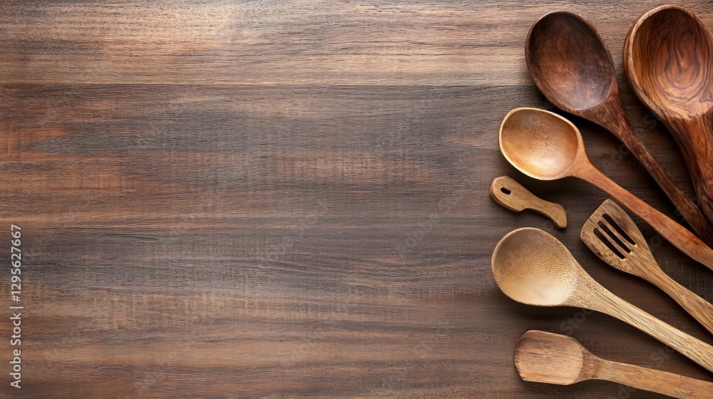 Artistic arrangement of wooden kitchen utensils on rustic wooden surface : Generative AI Artistic arrangement of wooden kitchen utensils on rustic wooden surface : Generative AI