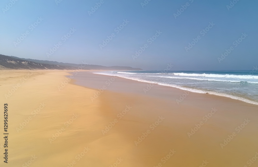 On a sizzling summer day, a beautiful Mediterranean beach shines with golden sand, turquoise water, and a brilliant blue sky adorned with clouds, forming an idyllic natural seascape On a sizzling summer day, a beautiful Mediterranean beach shines with golden sand, turquoise water, and a brilliant blue sky adorned with clouds, forming an idyllic natural seascape