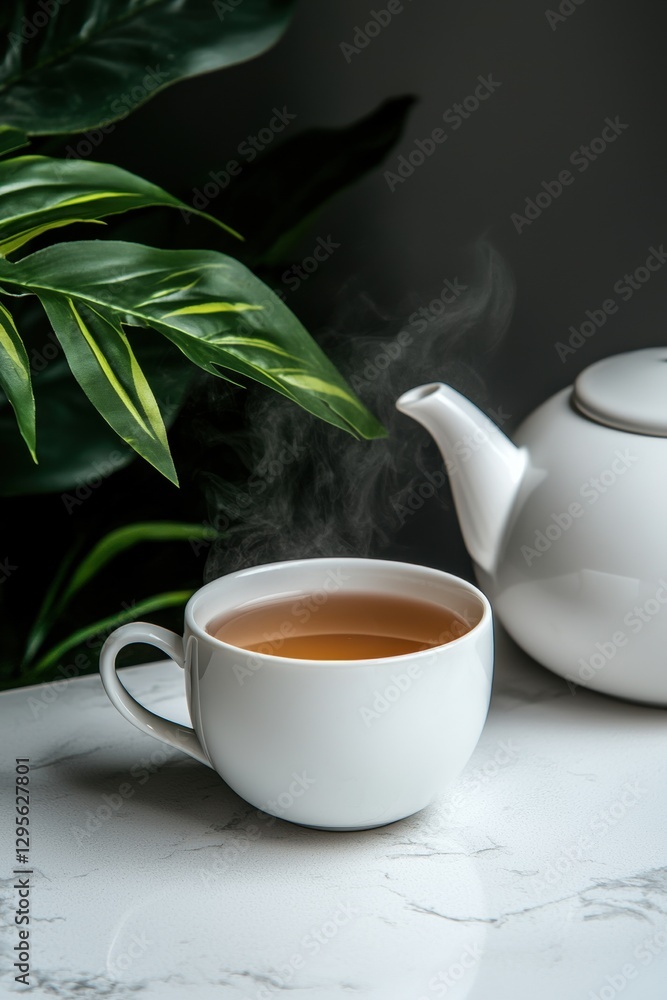 A cup of tea with a teapot and plant in the background. A cup of tea with a teapot and plant in the background.