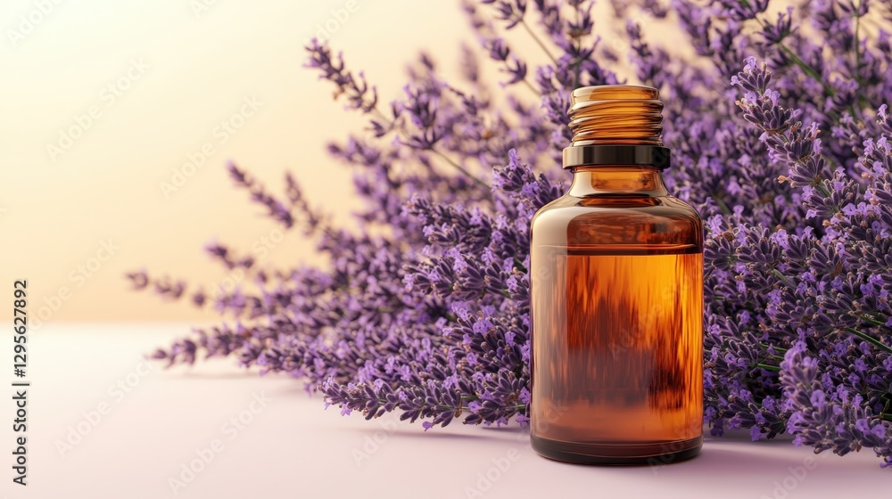 Luxury bottle of lavender essential oil surrounded by blooming flowers on white background Luxury bottle of lavender essential oil surrounded by blooming flowers on white background