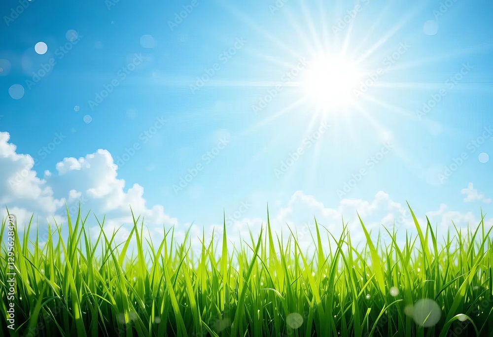 A close-up of green grass with a blurred background of a sunny blue sky A close-up of green grass with a blurred background of a sunny blue sky